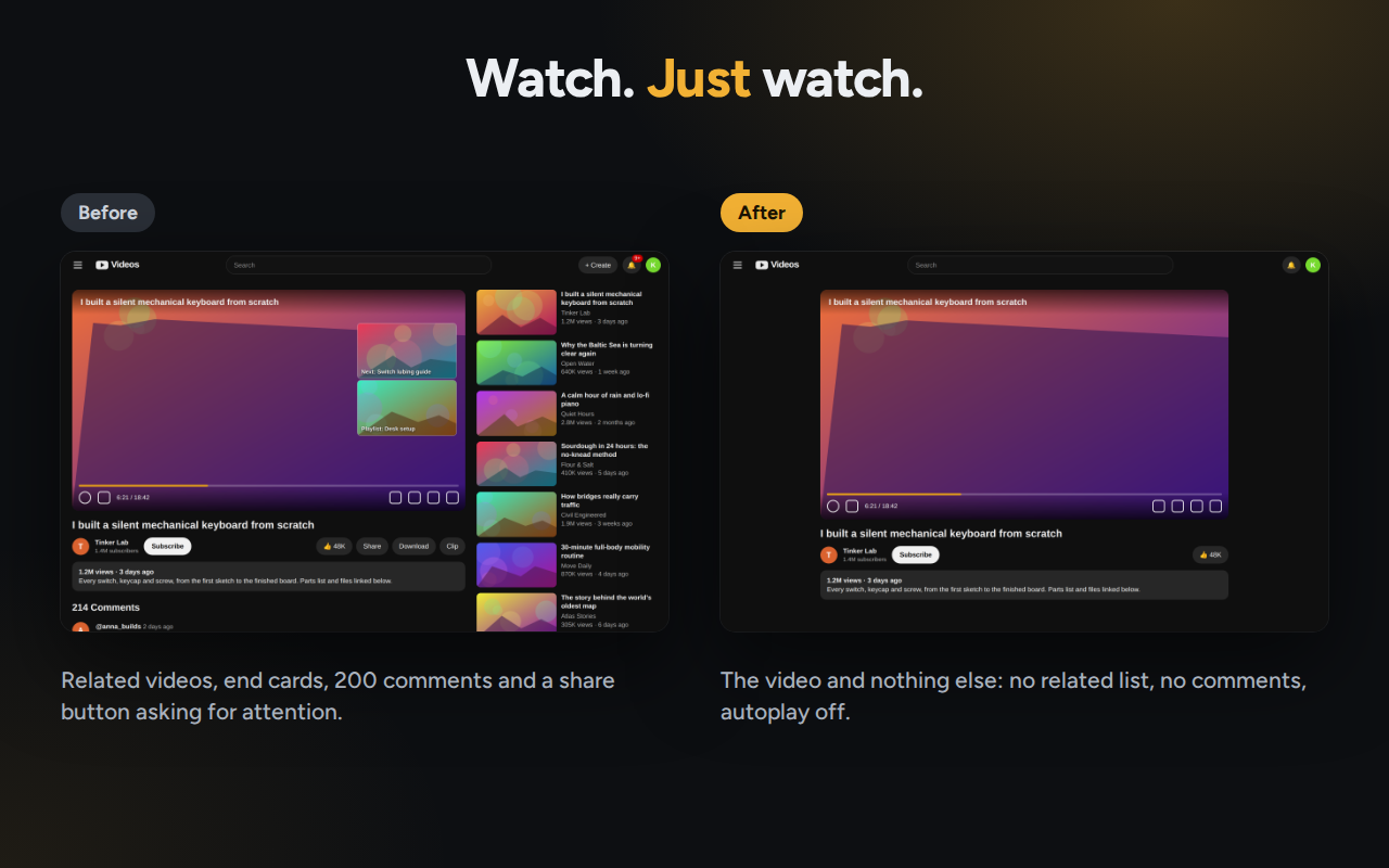YouTube watch page customized with LessTube to hide comments and recommendations