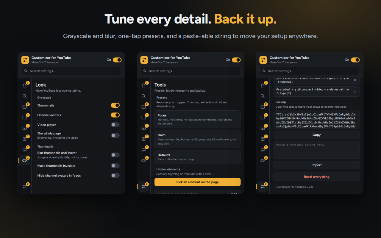 LessTube settings popup with YouTube customization options